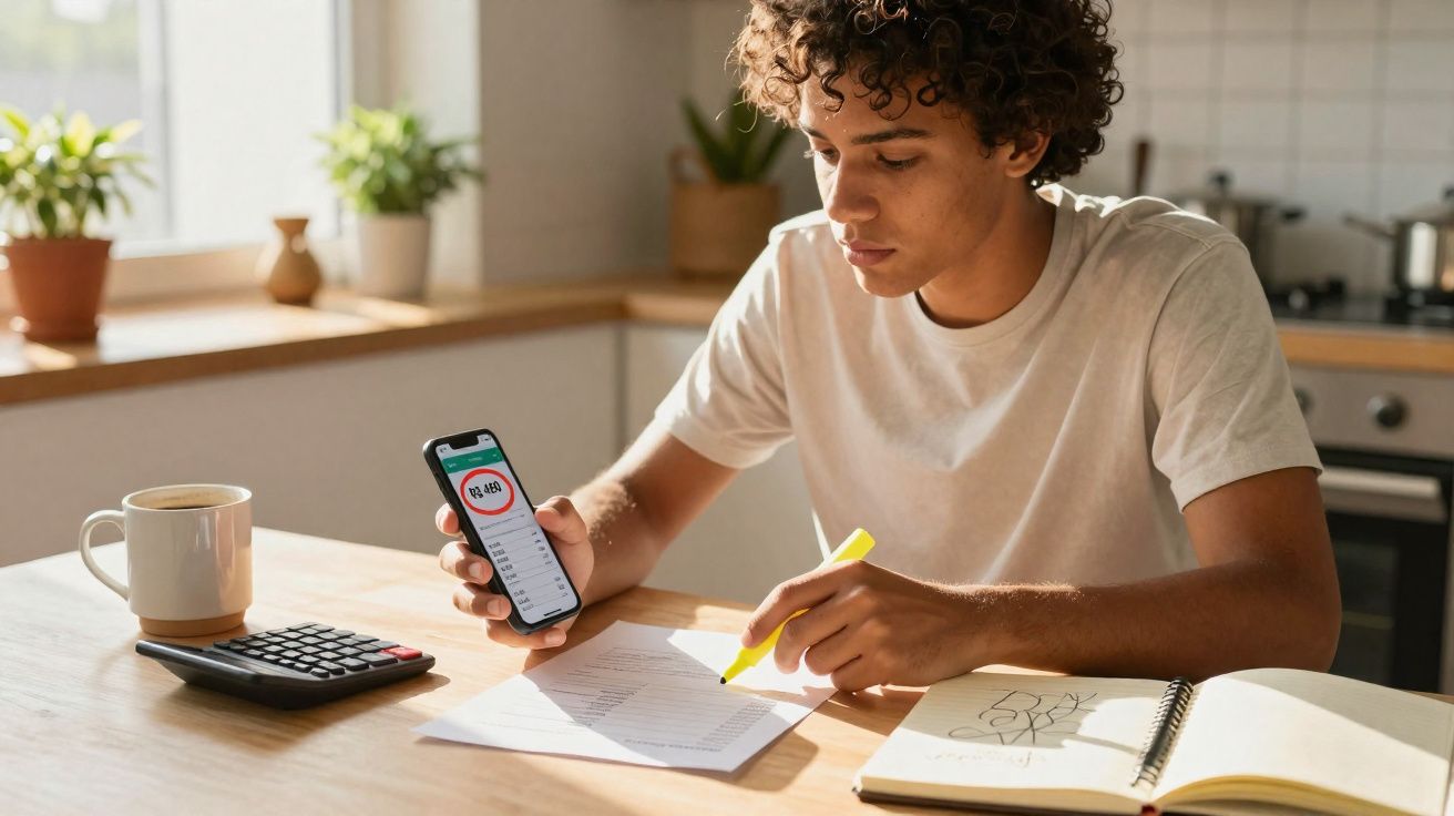 Jovem sentado à mesa usando celular e marcadores amarelo, ao lado de calculadora, caderno e caneca na cozinha.