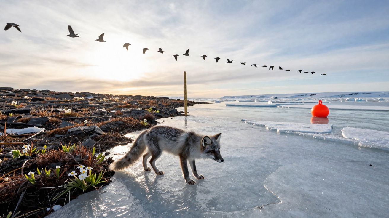 Raposa cinza caminhando sobre gelo próximo à vegetação com flores brancas e aves voando ao pôr do sol.