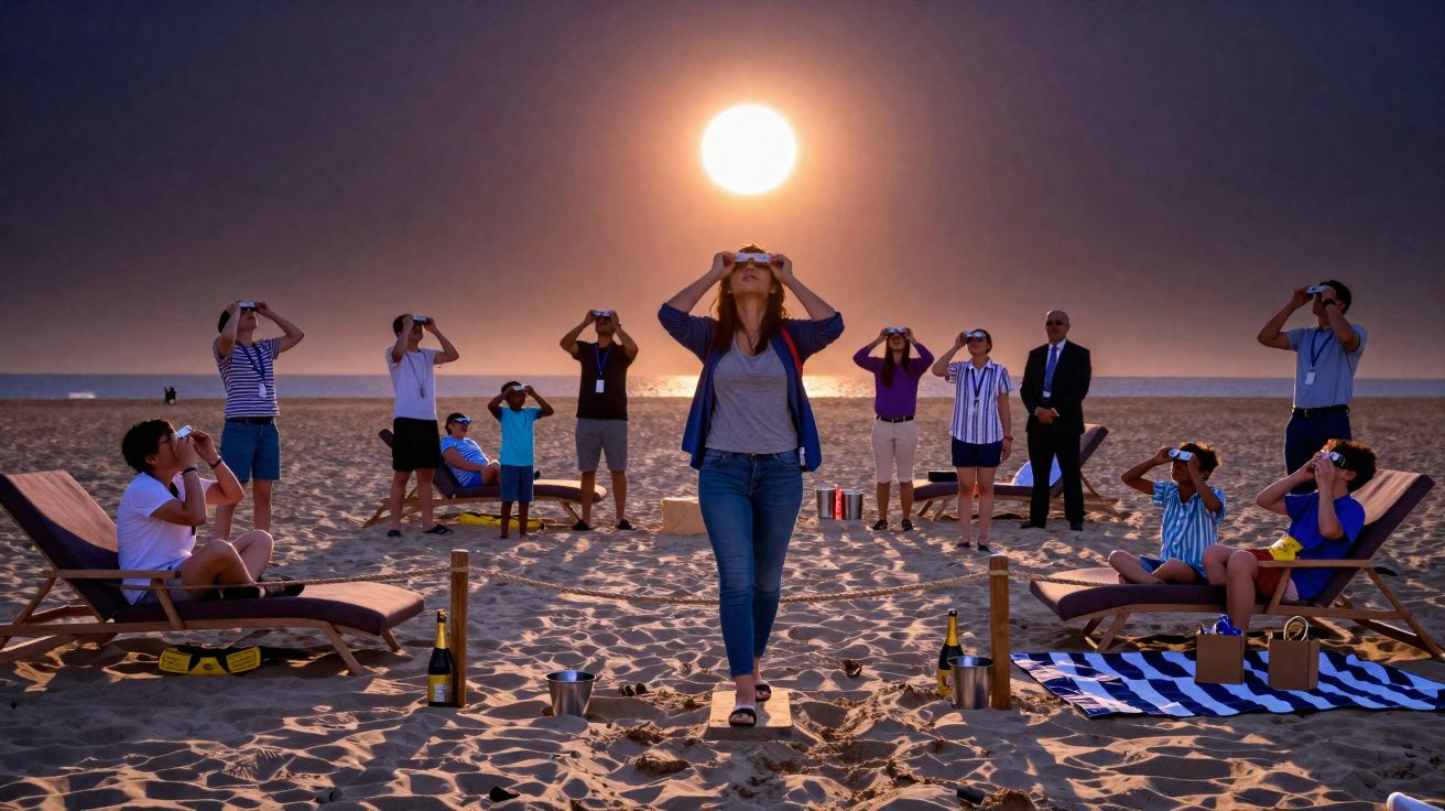Pessoas na praia observando o eclipse solar com óculos especiais durante o pôr do sol.
