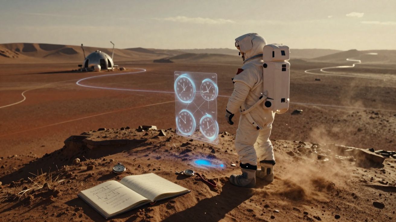 Astronauta em traje espacial observa relógios holográficos em paisagem desértica marciana.