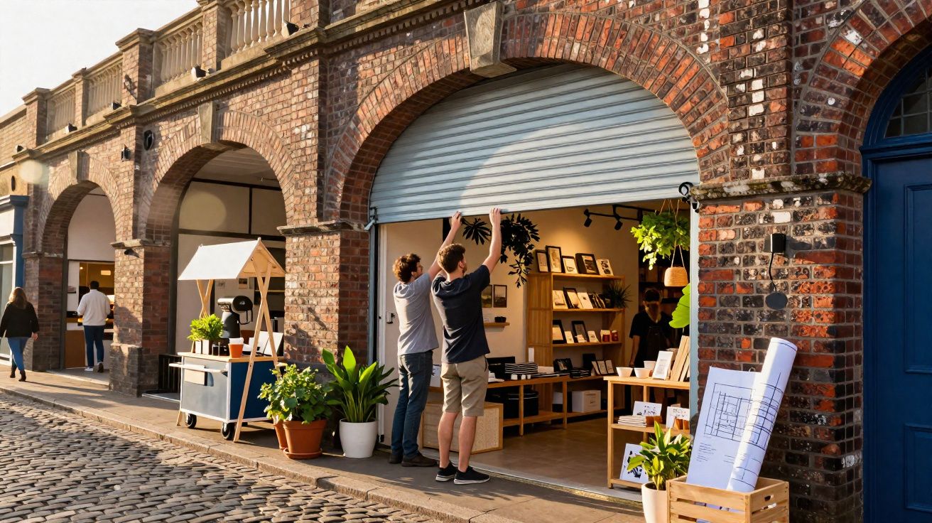 Dois homens abrindo a loja com estrutura de tijolos e arcos, plantas e plantas à entrada em rua de paralelepípedos.