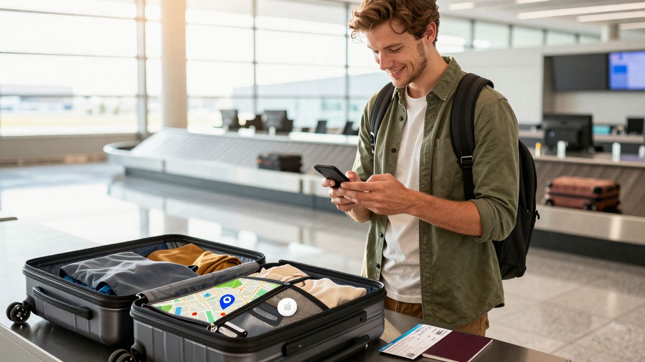 Homem sorrindo com mochila usa celular ao lado de mala aberta com roupas e mapa digital em aeroporto.