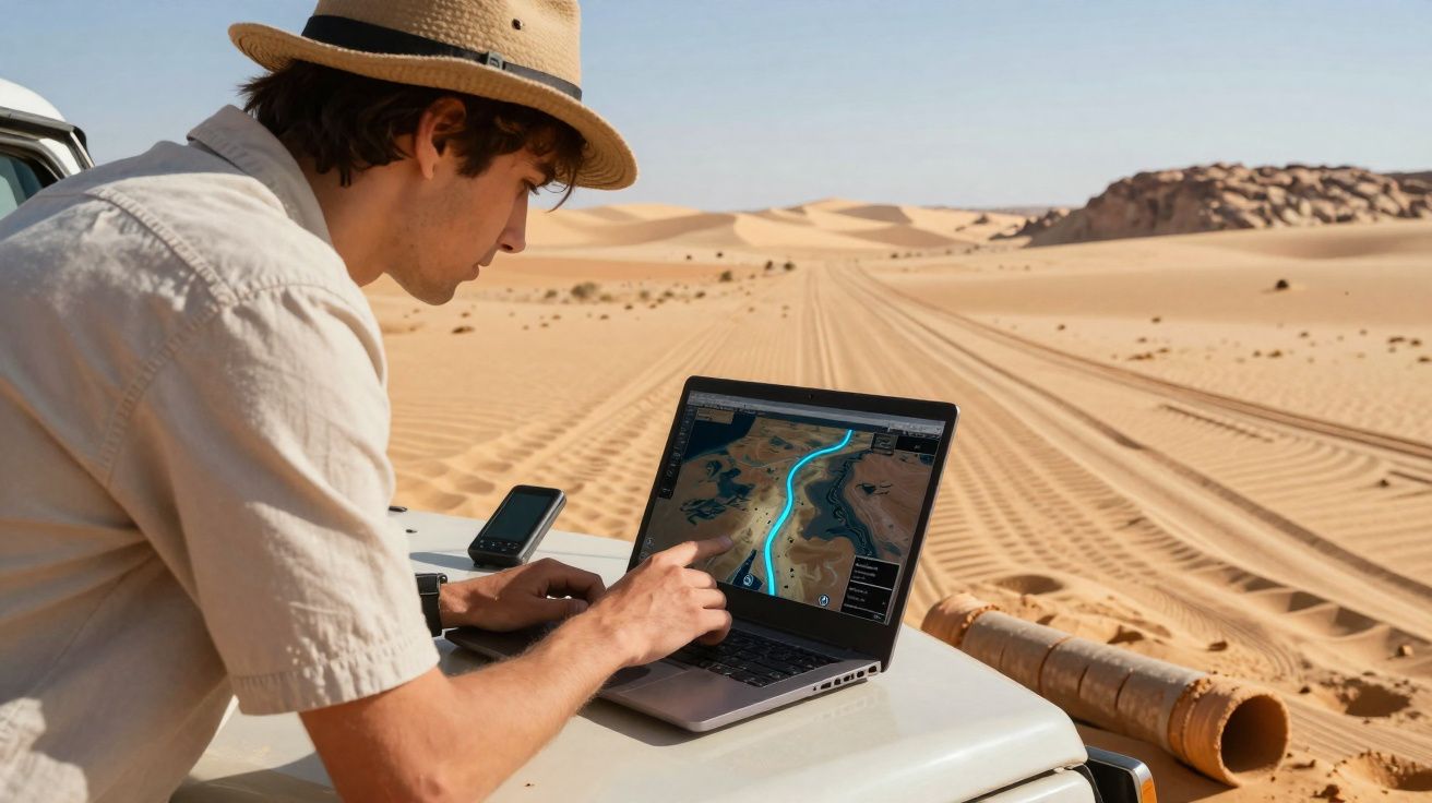 Homem usando chapéu analisa rota em mapa digital no laptop sobre veículo no deserto ao amanhecer.
