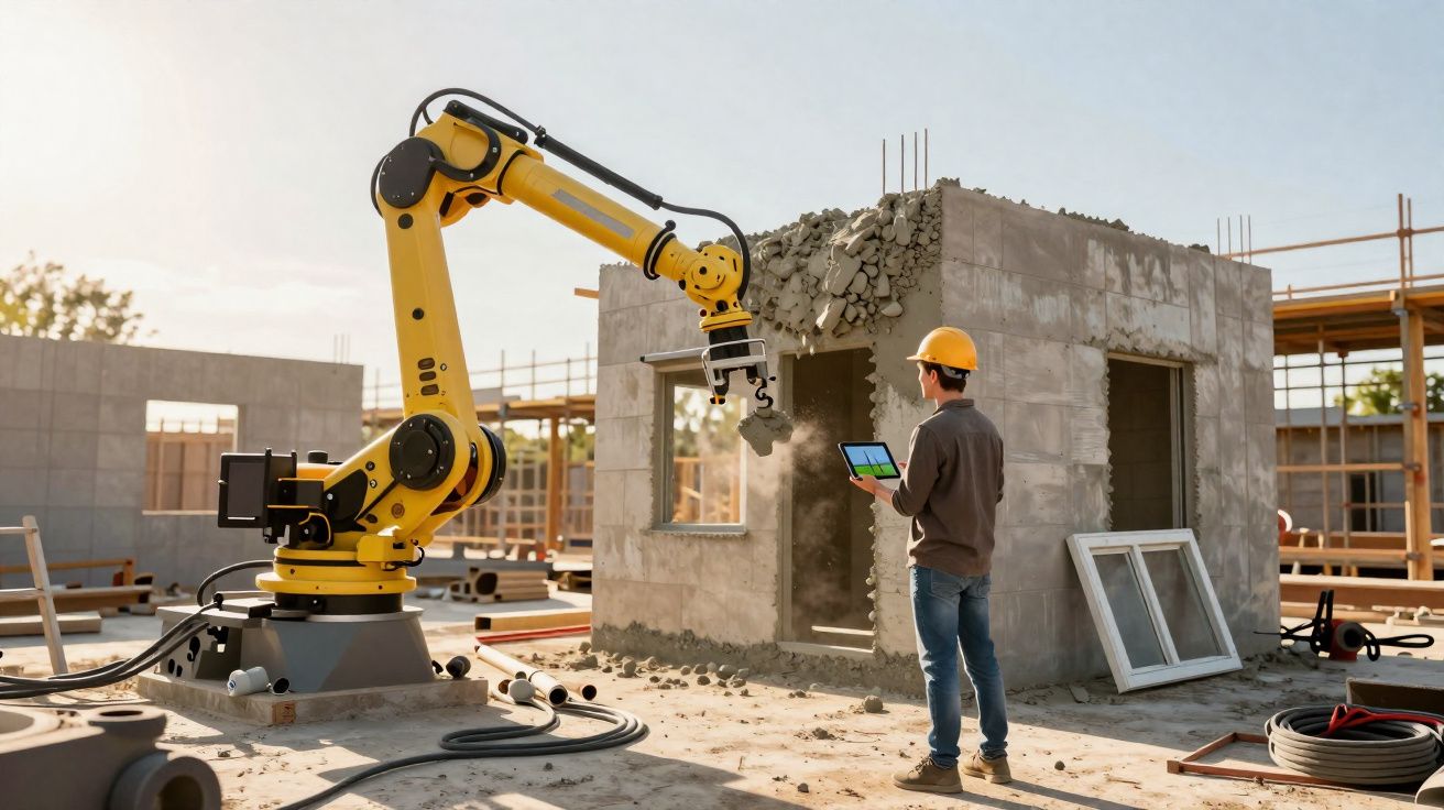 Homem com capacete controla robô na demolição de parede em construção com tablet na mão.