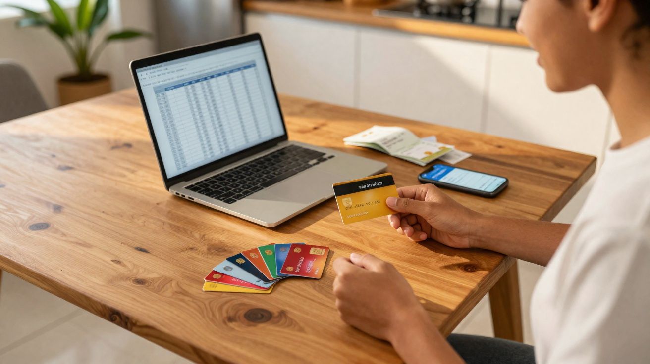Pessoa segurando cartão de crédito diante de notebook, smartphone e vários cartões sobre mesa de madeira.