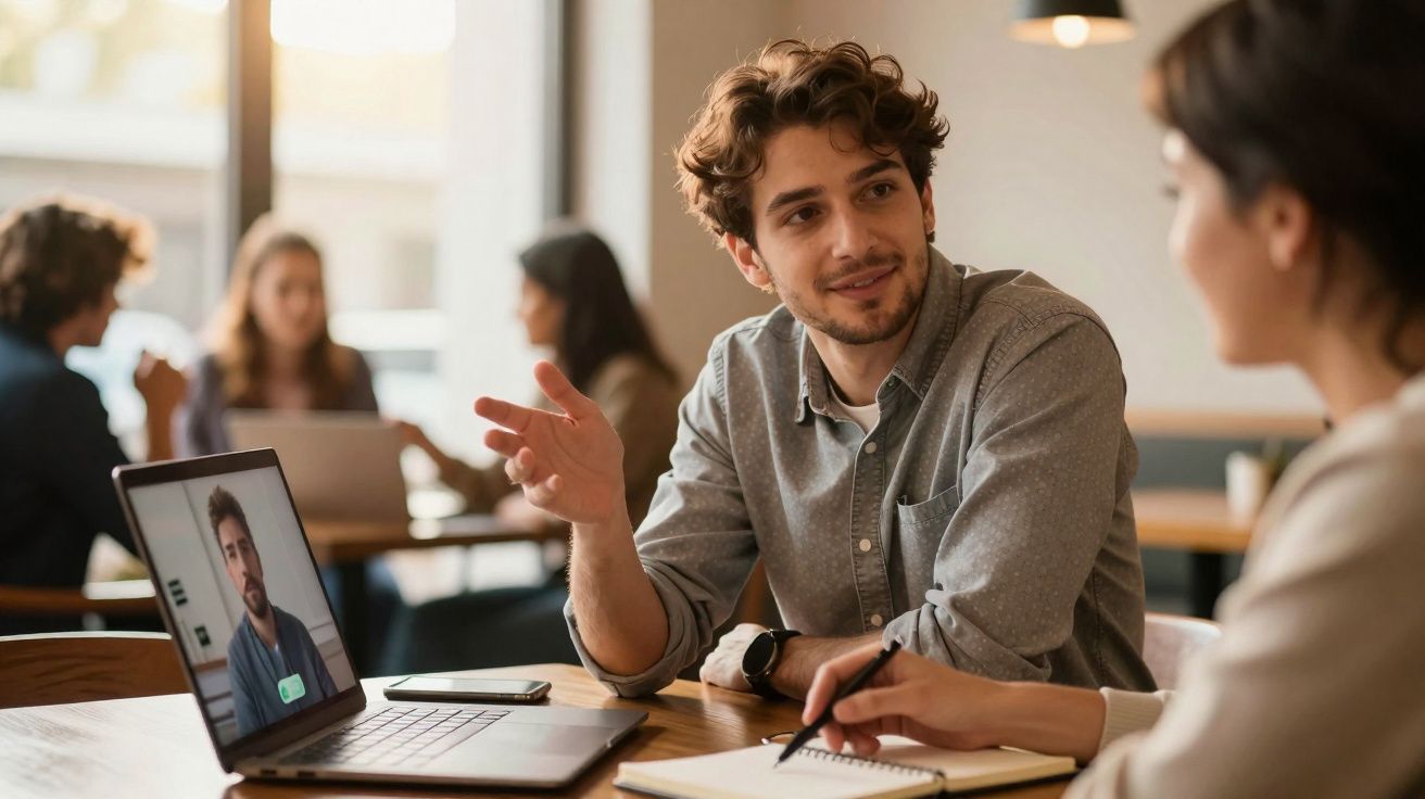 Homem conversando com mulher enquanto fazem reunião e vídeo chamada em laptop em café.