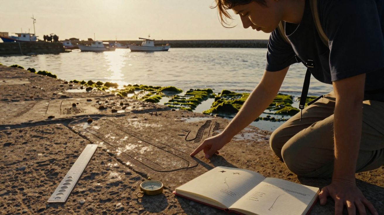 Pessoa ajoelhada desenhando mapa em pedra perto do mar, com caderno, bússola e régua ao lado, ao pôr do sol.