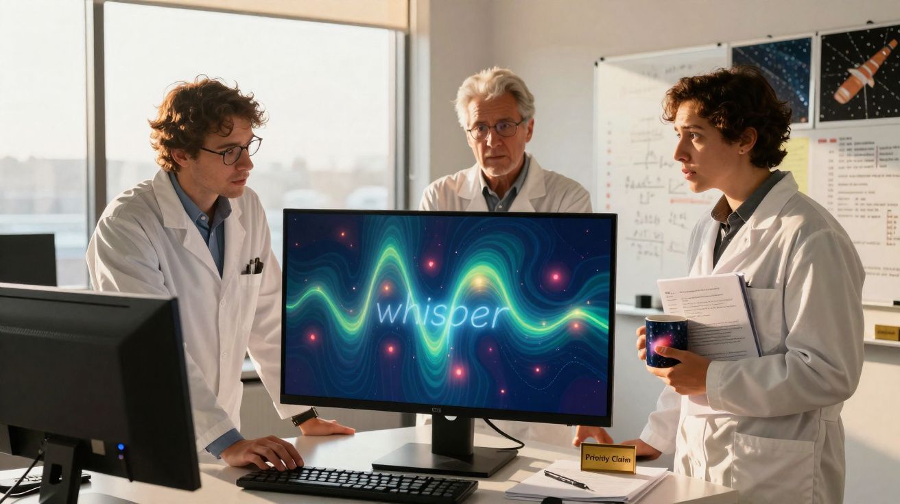 Três cientistas em laboratório observam tela de computador com gráfico colorido e palavra "whisper".