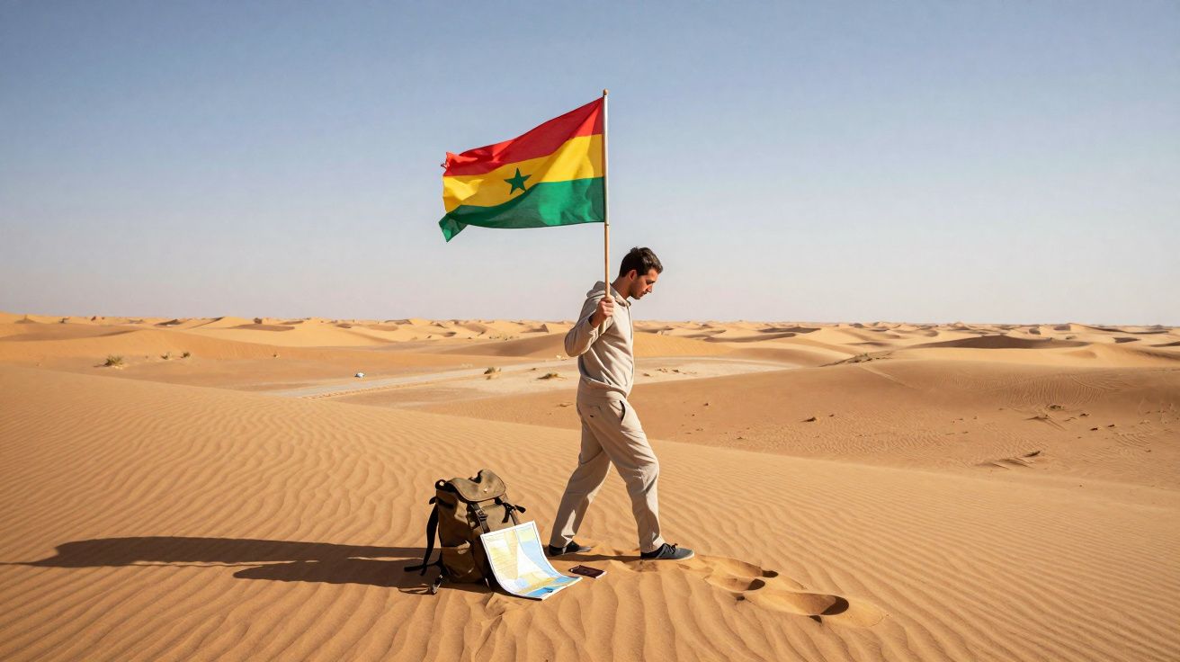 Homem caminhando no deserto segurando a bandeira do Senegal, com mochila e mapa no chão.