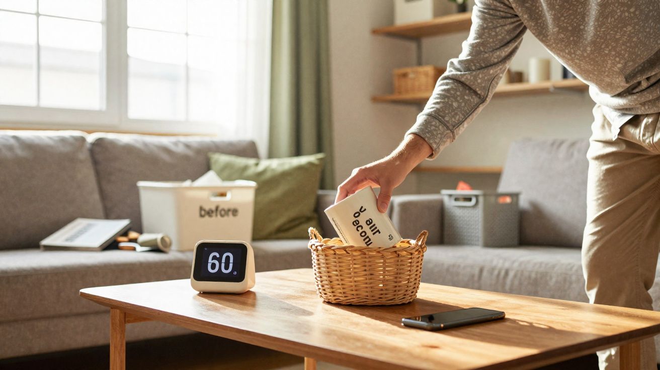 Pessoa colocando bloco de notas em cesta em sala com relógio digital na mesa de centro.