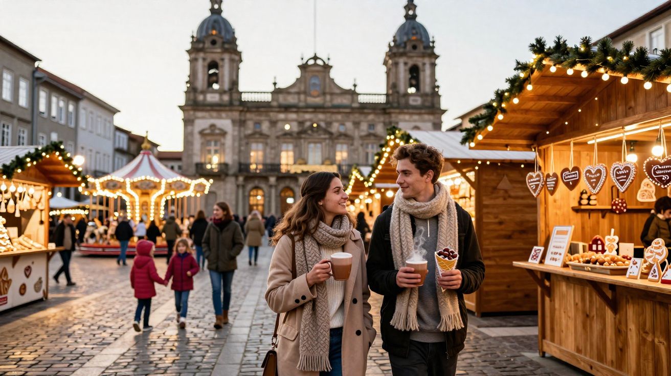 Casal caminhando e tomando bebidas quentes em feira natalina com decoração e igreja ao fundo.