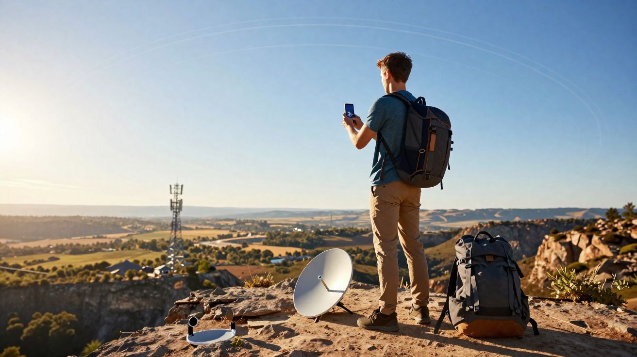 Jovem com mochila tirando foto em penhasco com antena de satélite e rádio em paisagem ensolarada.