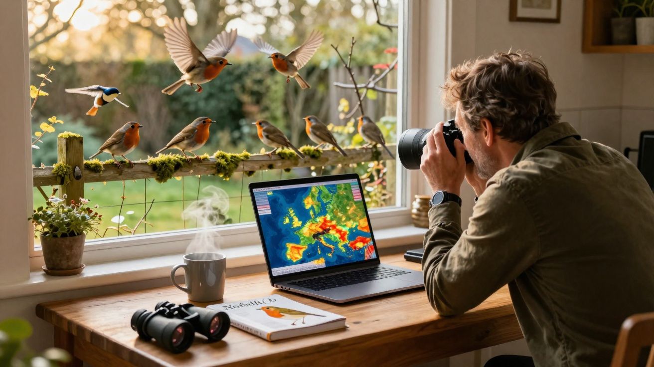Homem fotografa pássaros no galho de janela enquanto acompanha mapa do tempo no laptop.