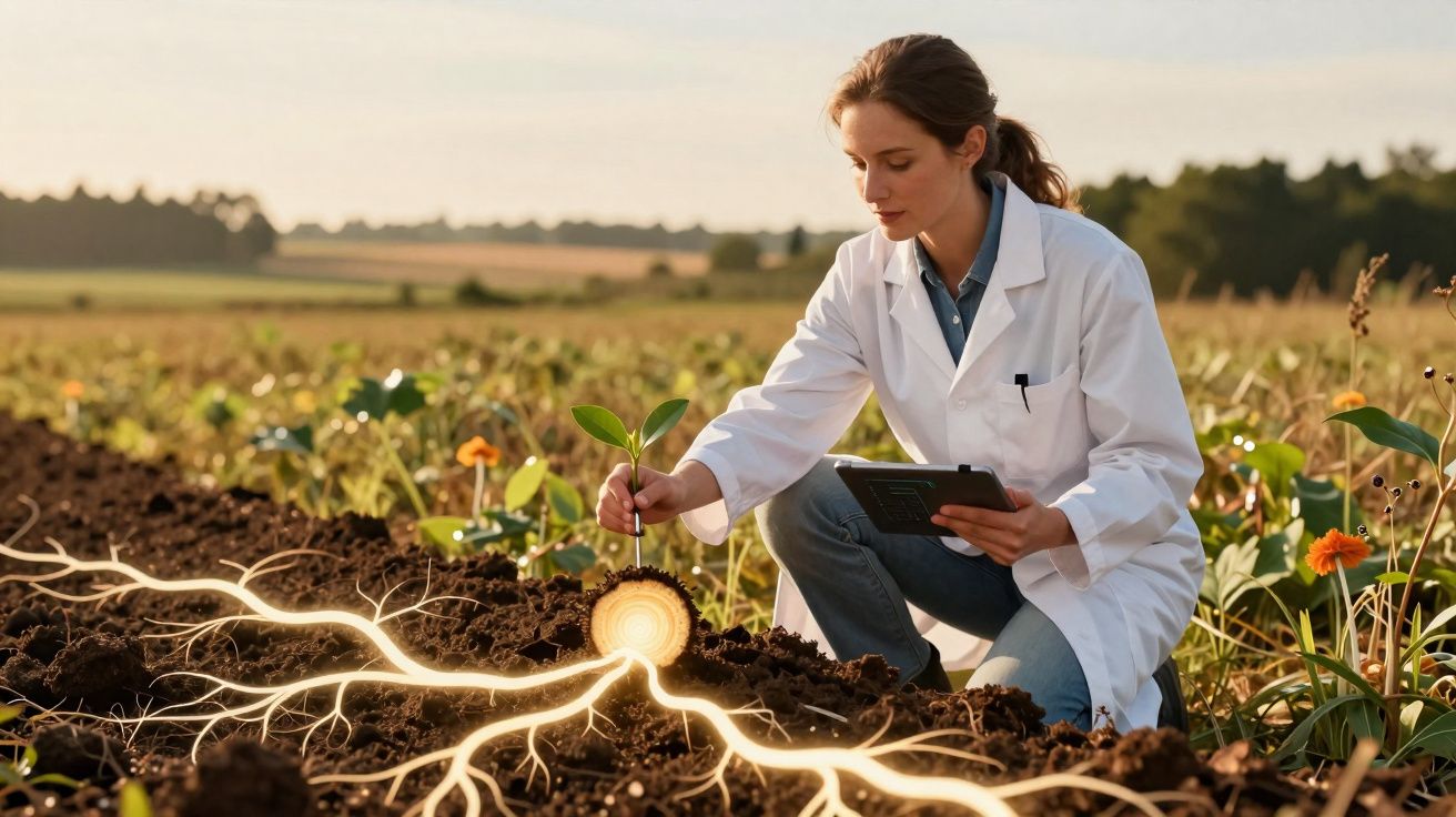 Mulher cientista em jaleco branco analisa planta jovem em campo com representação digital de raízes no solo.