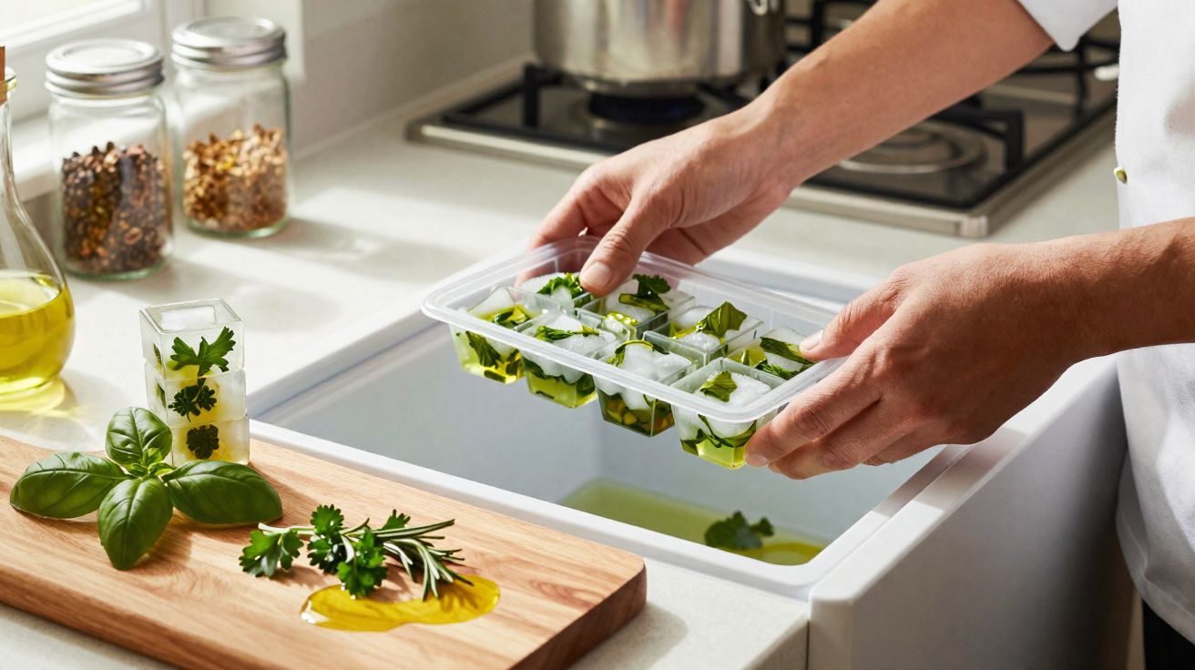 Mãos colocando bandeja de gelo com ervas frescas em compartimento de freezer em cozinha moderna.