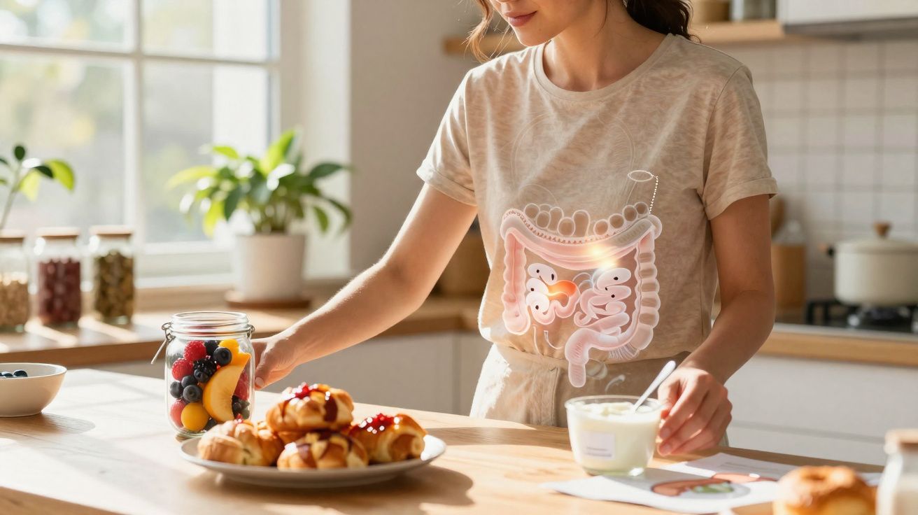 Mulher na cozinha com ilustração do sistema digestivo na barriga, frutas e pães sobre a mesa.