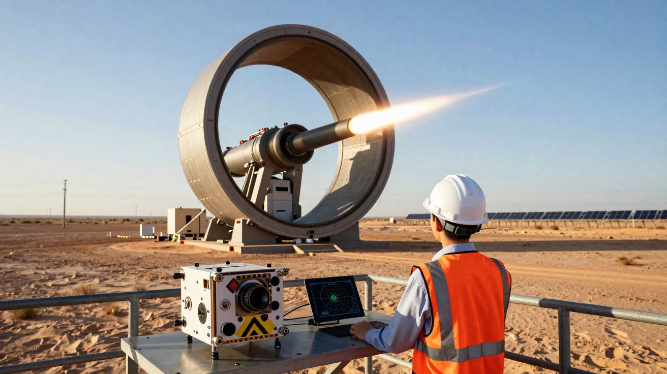 Pessoa com capacete e colete laranja operando sistema de energia solar concentrada em ambiente desértico.