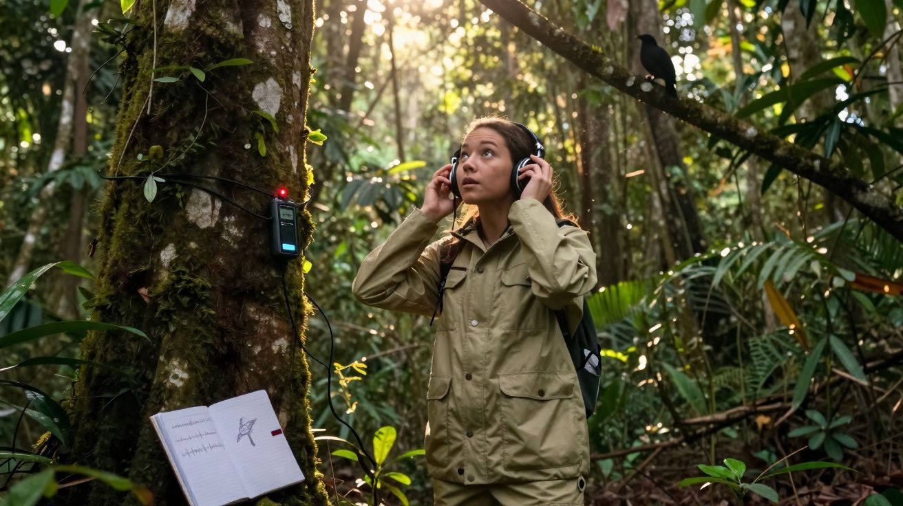 Mulher em roupa de exploradora usa fones de ouvido em floresta, próxima a árvore com caderno e gravador.