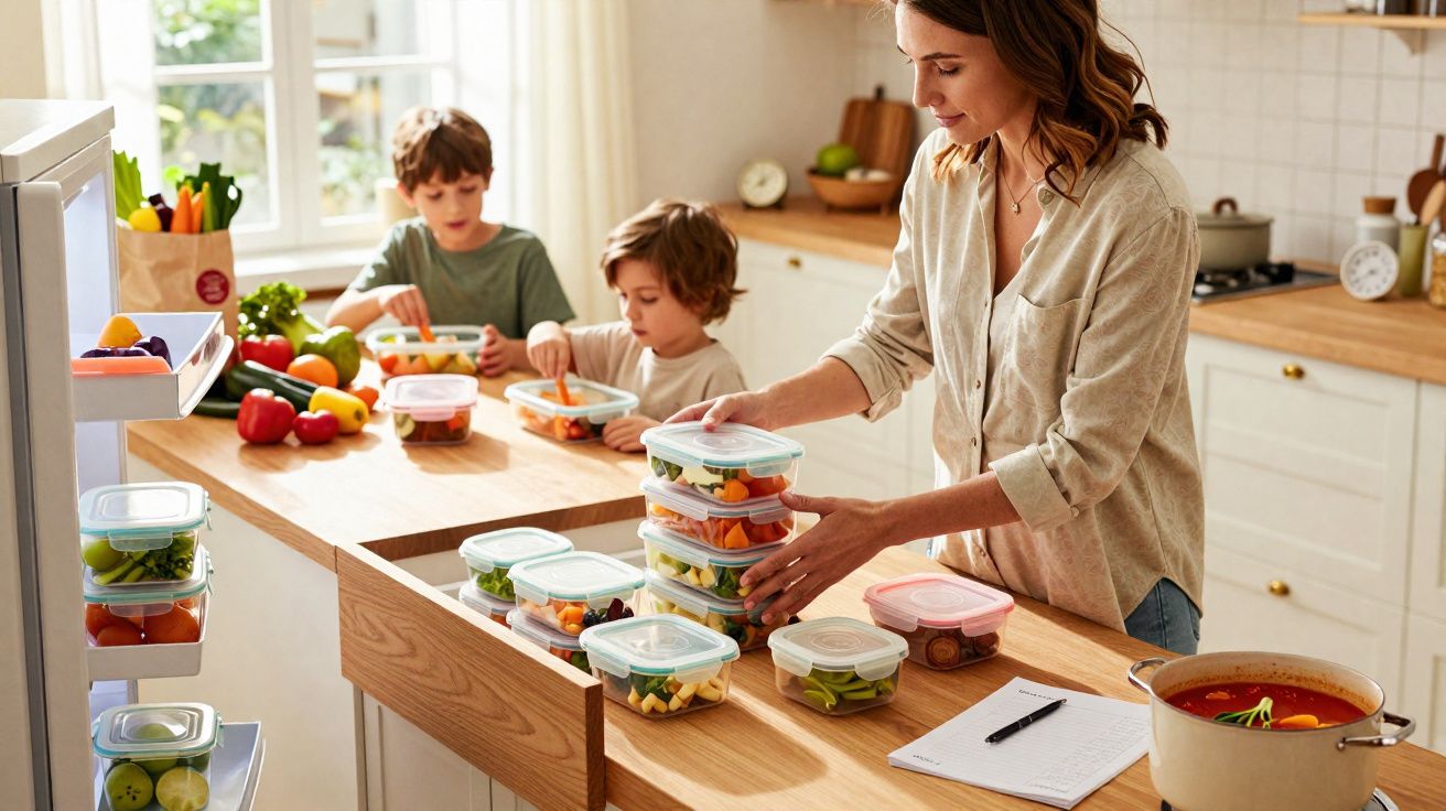 Mulher e duas crianças organizando alimentos frescos em potes plásticos na cozinha clara e arejada.