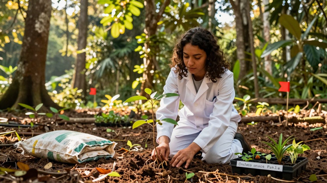 Mulher com jaleco branco plantando muda em área arborizada durante o dia.