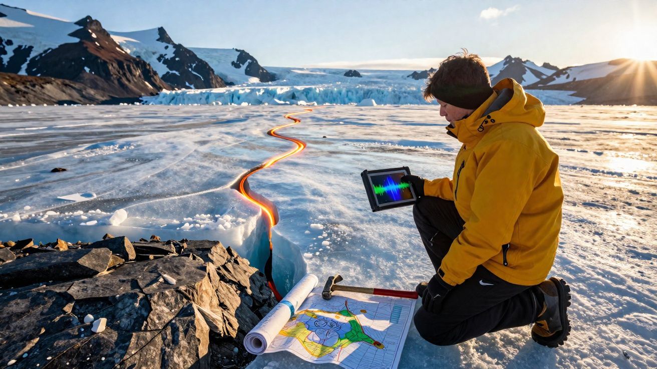 Pesquisador com jaqueta amarela analisa tablet e mapas ao lado de fenda iluminada no gelo em paisagem montanhosa.