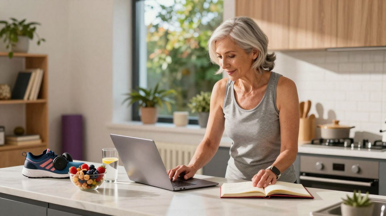 Mulher sorridente usando regata cinza, lendo livro e mexendo em notebook na cozinha iluminada.