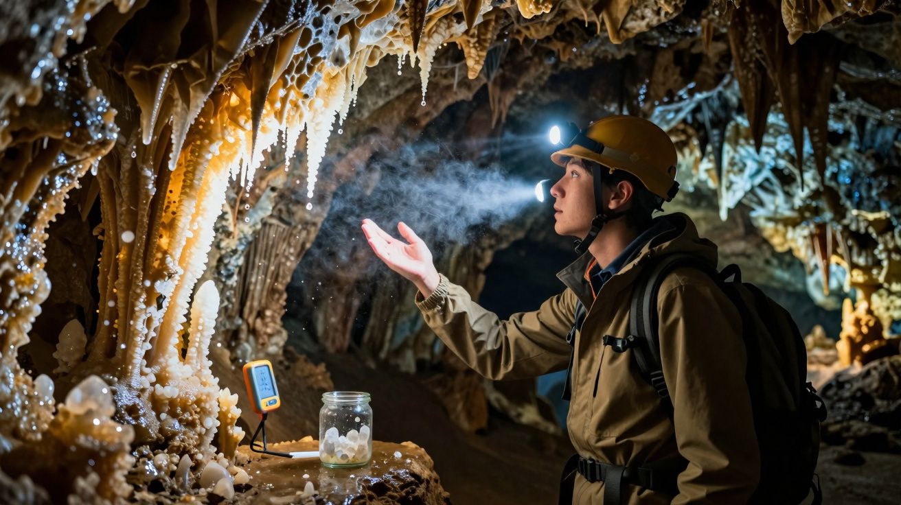 Explorador de cavernas com capacete e luz observa formações de estalactites dentro da caverna.