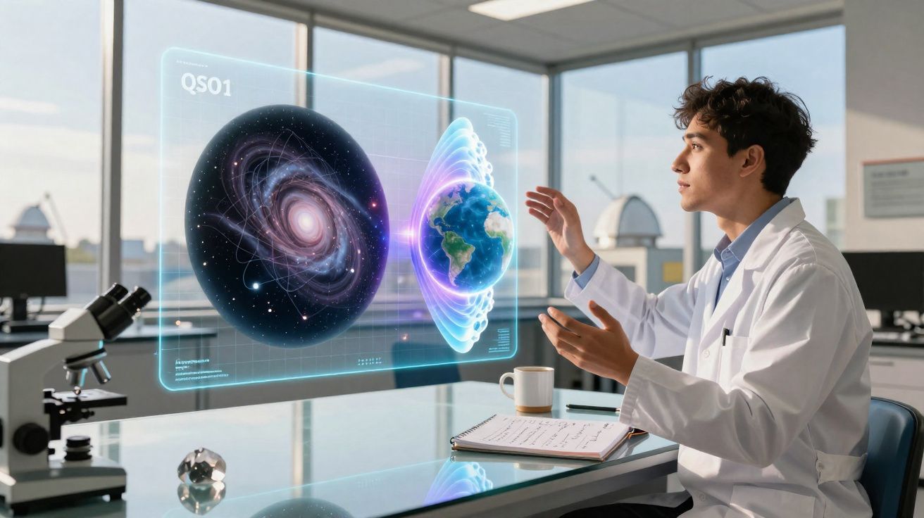 Cientista sentado em laboratório interagindo com holograma do planeta Terra e uma galáxia.