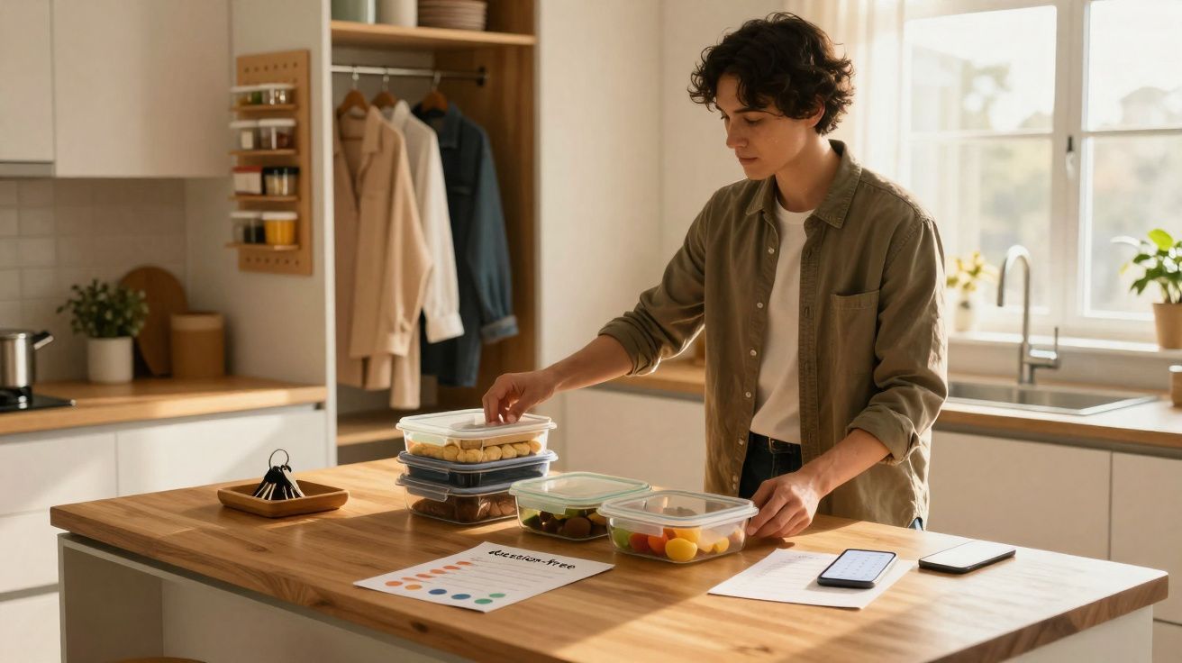 Pessoa organizando potes com alimentos em uma cozinha clara e moderna, com luz natural entrando pela janela.