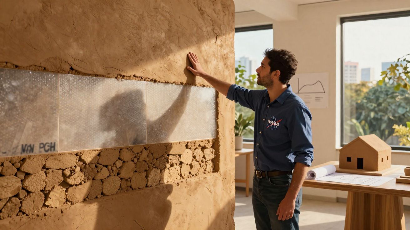 Homem analisando textura e estrutura de parede de barro em ambiente iluminado por janelas amplas.