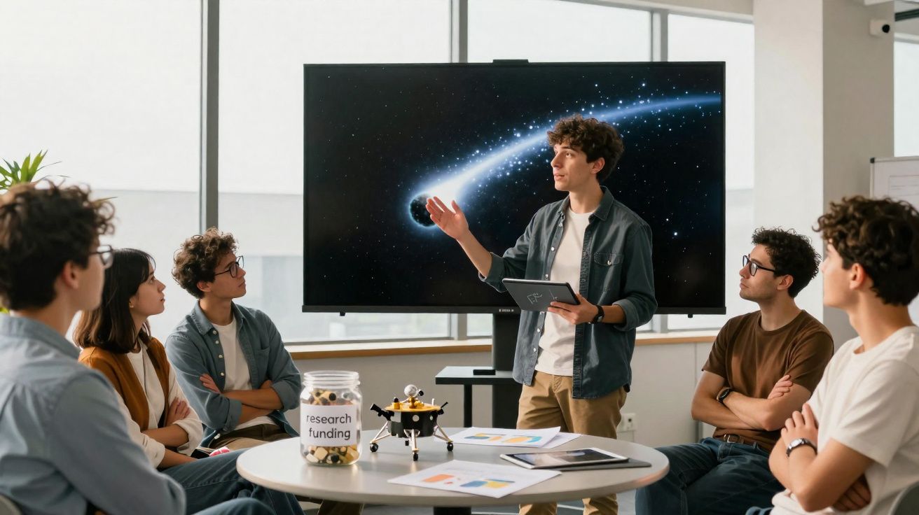 Estudantes em reunião com apresentação sobre cometa em tela grande e jarra com etiquetas de financiamento.