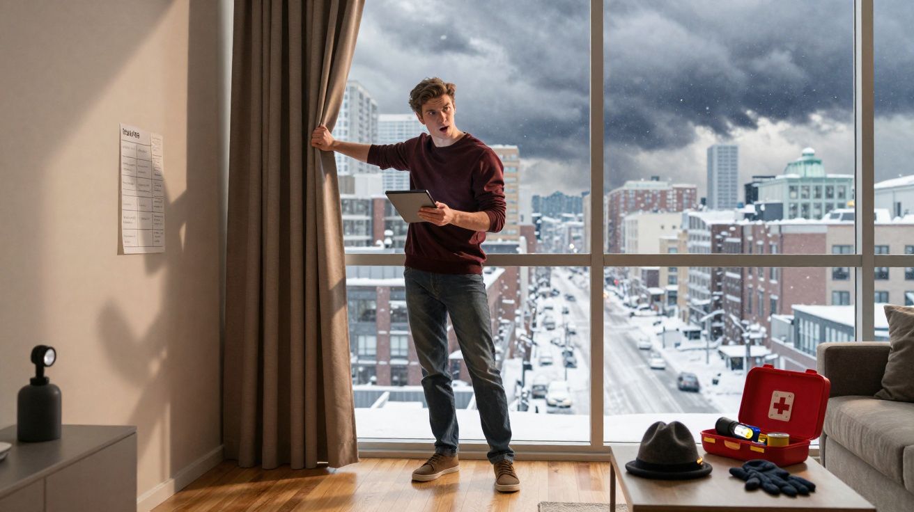 Jovem abre cortina e observa tempestade de neve do apartamento moderno com tablet na mão.