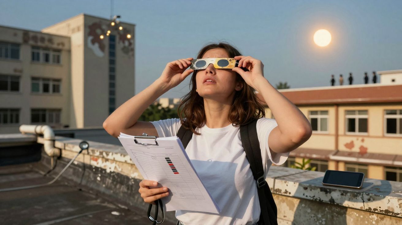 Mulher segura prancheta e usa óculos solares para observar o céu ao pôr do sol em telhado urbano.