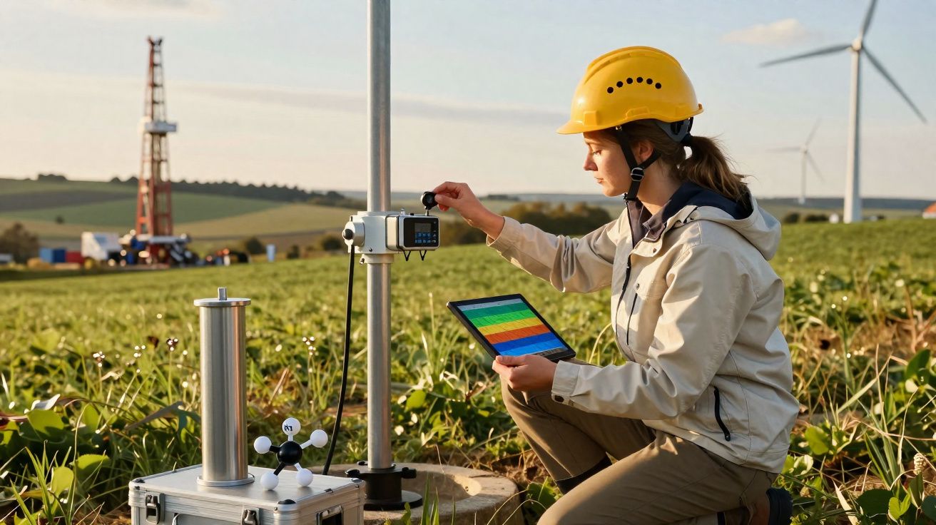 Mulher com capacete amarelo ajusta equipamento de monitoramento ambiental em campo com turbinas eólicas ao fundo.