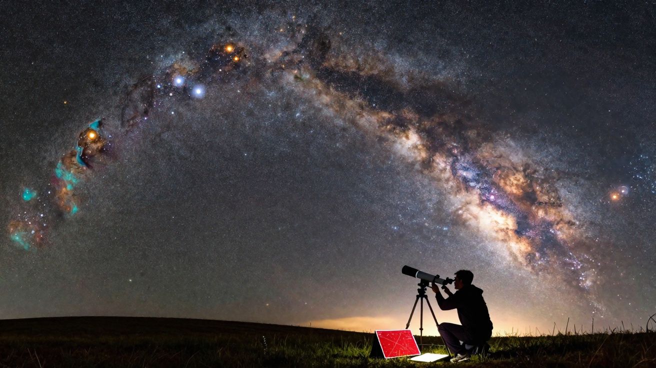 Pessoa observando o céu noturno estrelado com telescópio sob a Via Láctea iluminada e colorida.