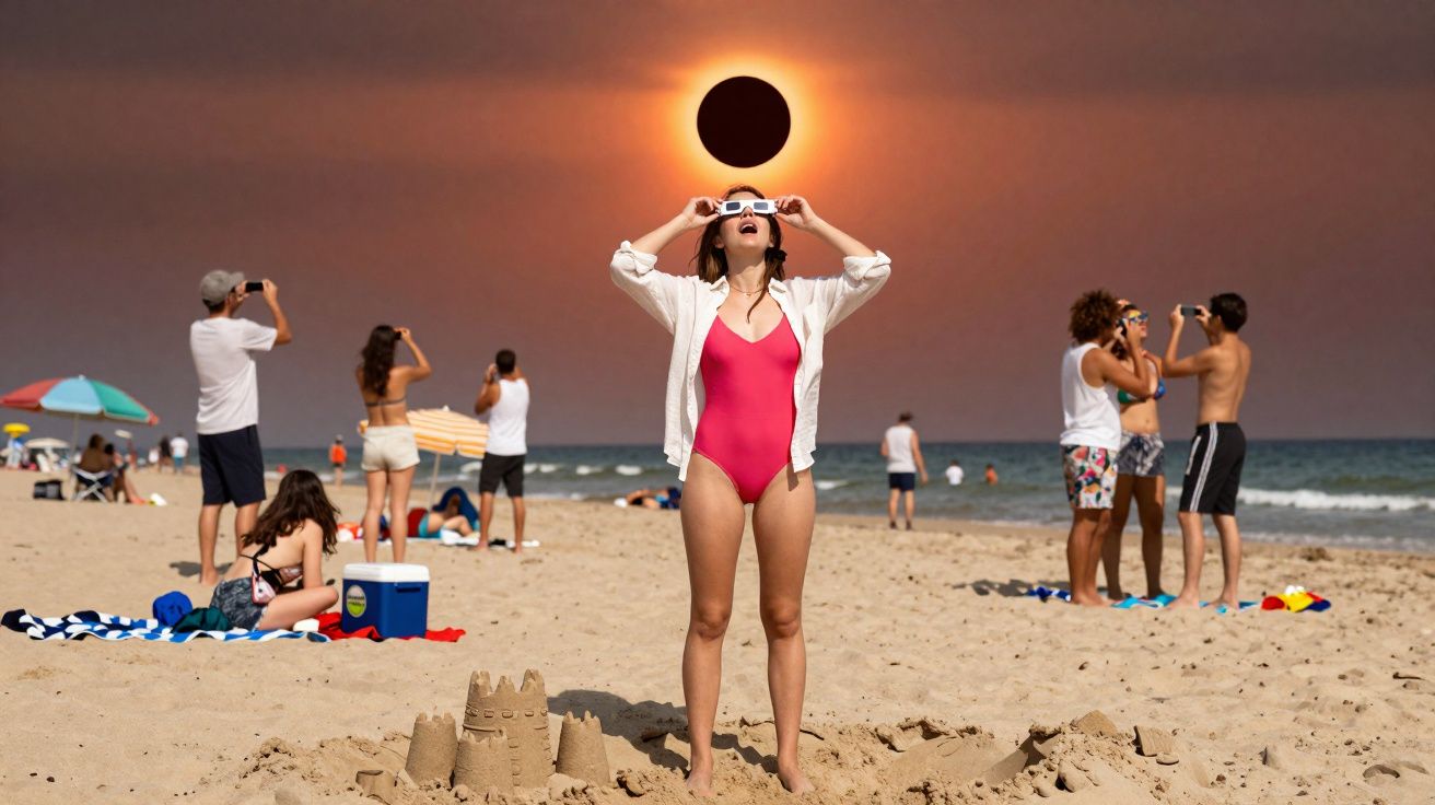 Pessoas na praia observando eclipse solar total com óculos especiais durante o dia.