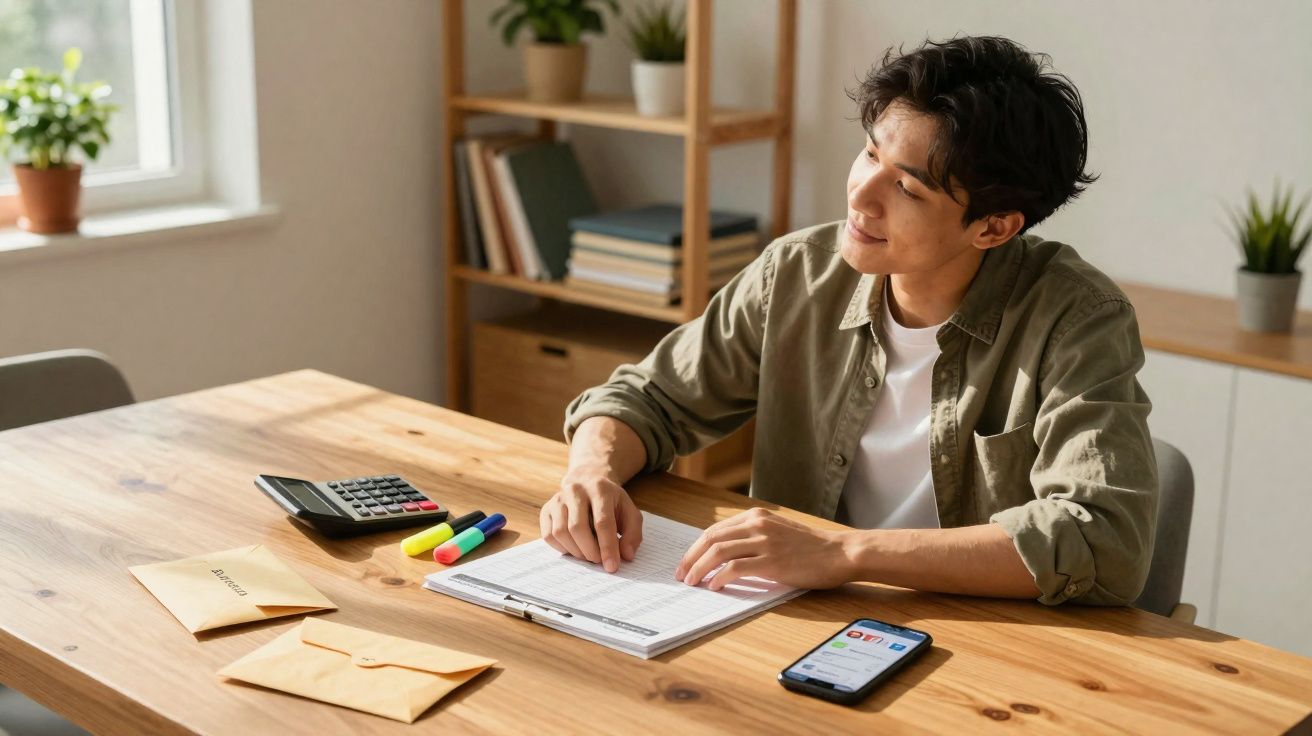 Jovem sentado à mesa revisando documentos com calculadora, canetas coloridas e celular à frente.