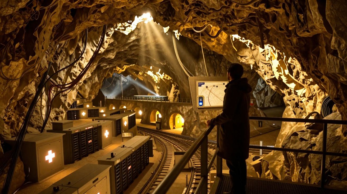 Pessoa observando mapa dentro de uma caverna iluminada, com trilhos e equipamentos tecnológicos.