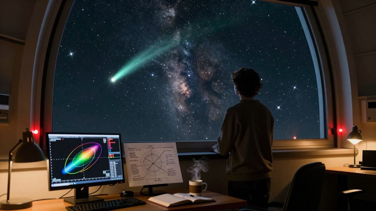 Pessoa observando a Via Láctea e um cometa pela janela de um escritório com equipamentos de astronomia.