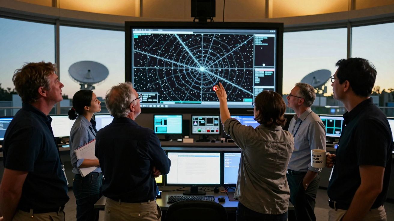 Equipe observando dados em tela de computador sobre astronomia em sala de controle com antenas ao fundo.