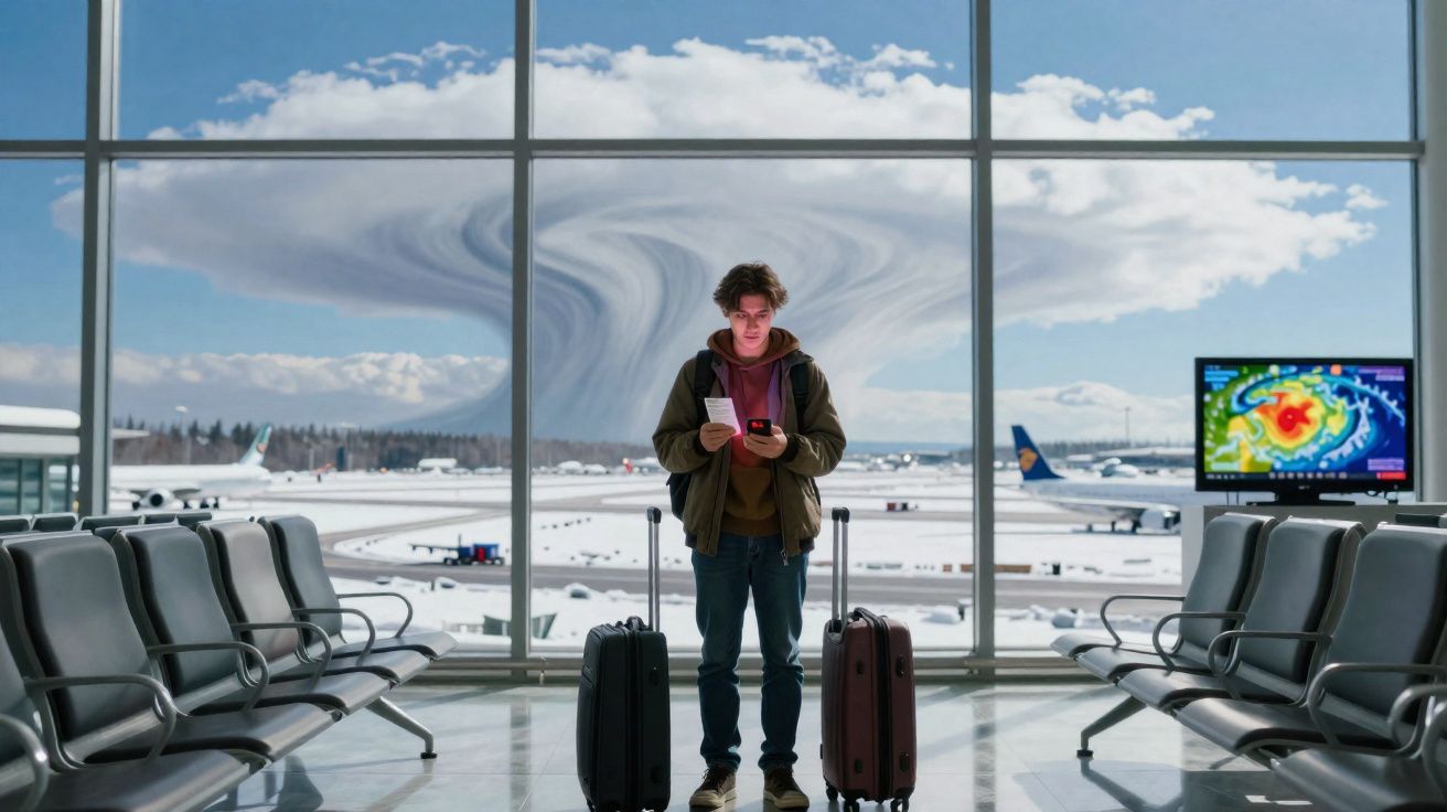 Jovem com malas em aeroporto observa celular, com céu tempestuoso e monitores de voos ao fundo.