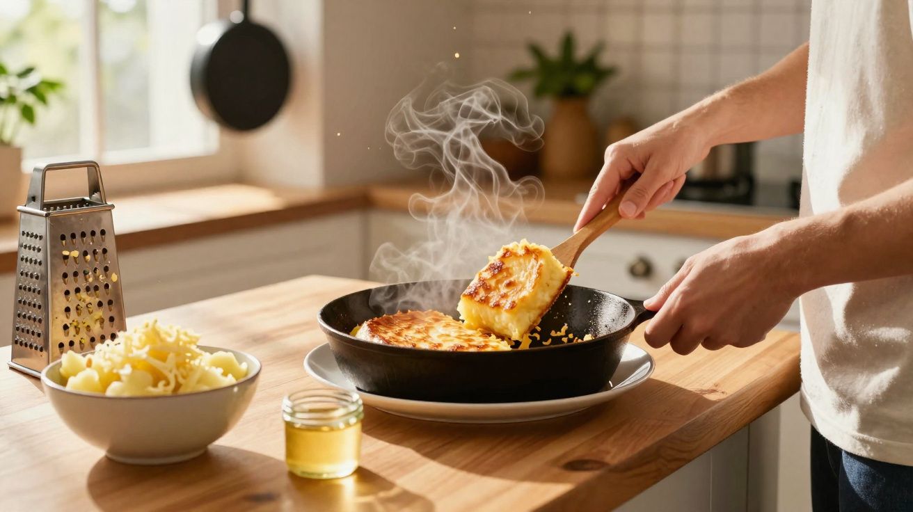 Pessoa virando queijo coalho dourado em frigideira na cozinha com utensílios e ingredientes ao redor.