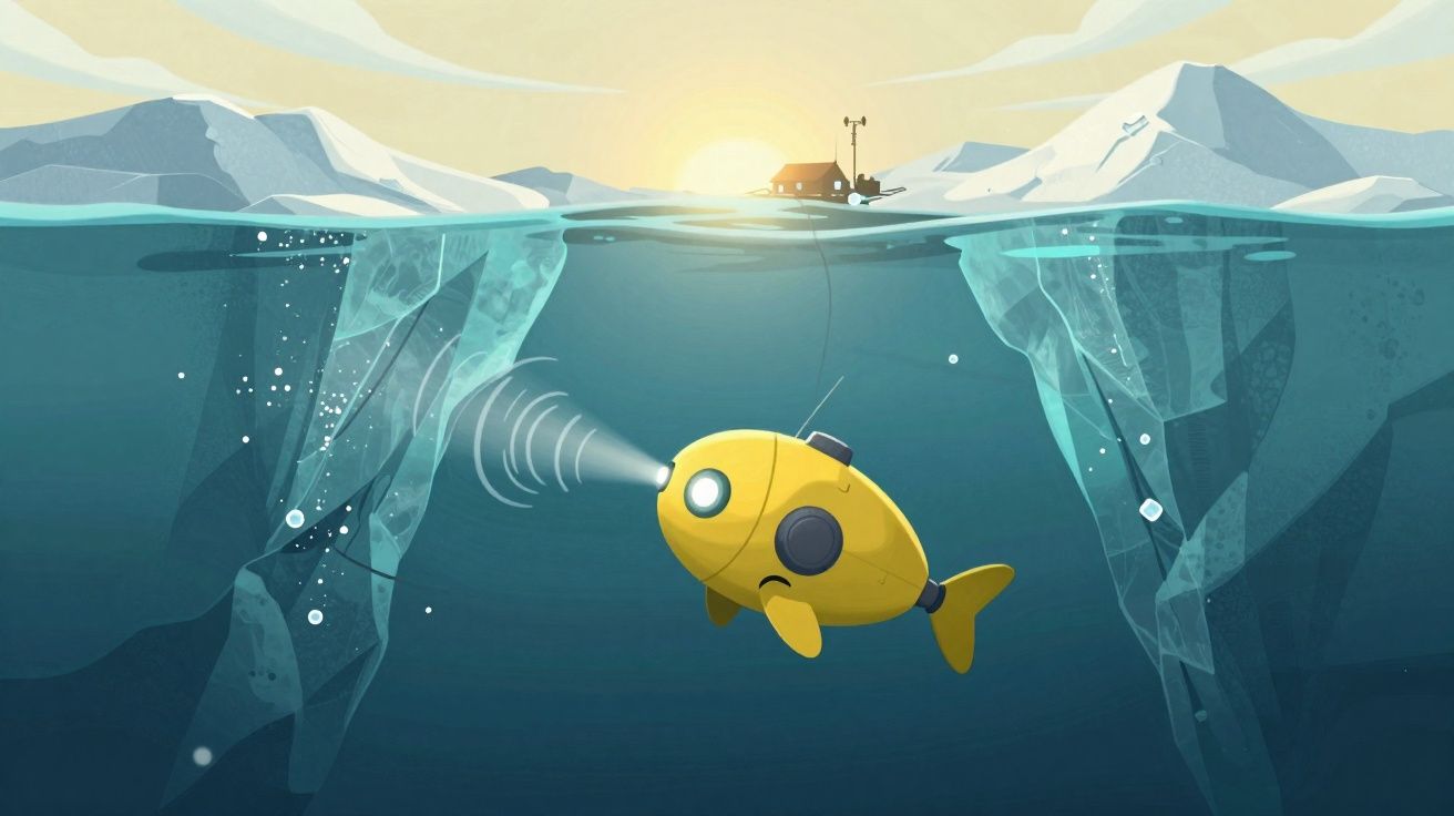 Submarino amarelo explorando sob o gelo entre montanhas congeladas com casa e pôr do sol ao fundo.