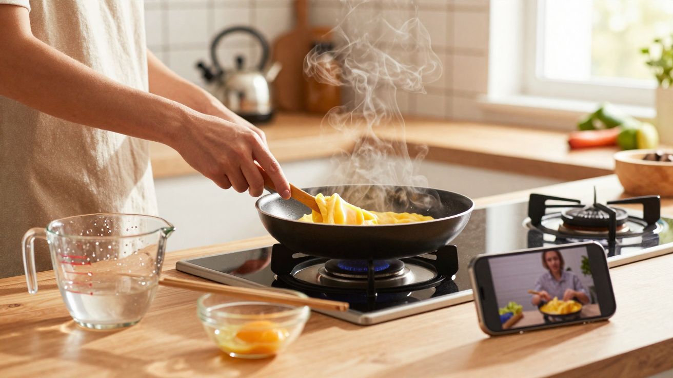 Pessoa cozinhando omelete em frigideira no fogão enquanto assiste aula de culinária pelo celular na cozinha.