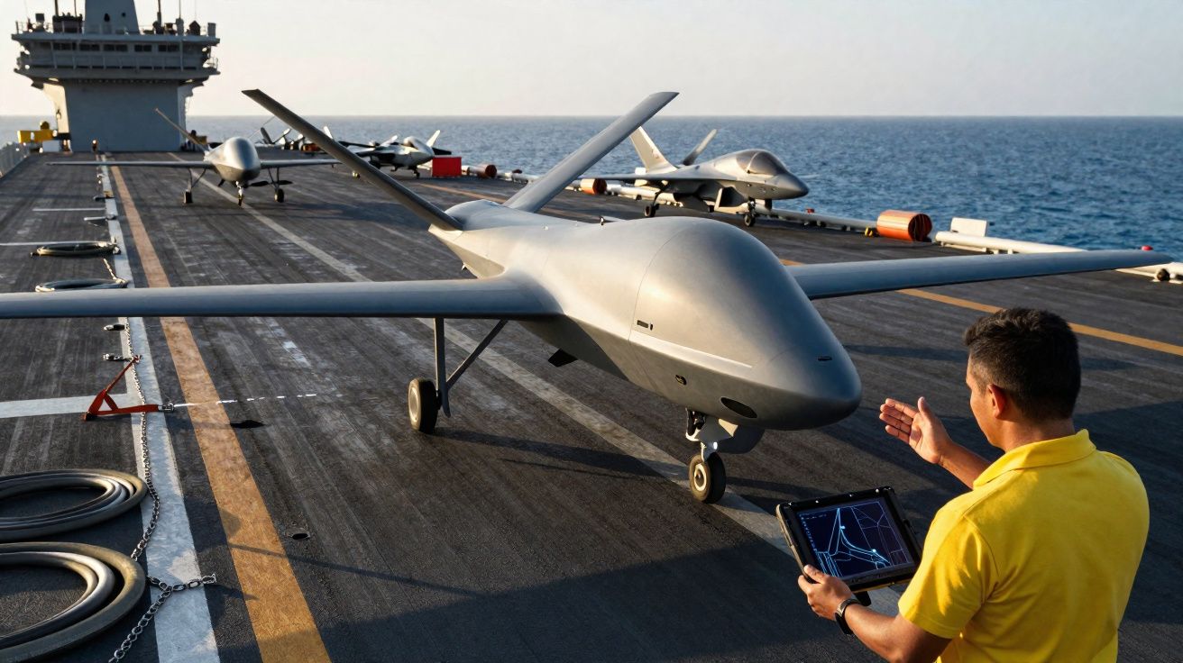 Drone militar cinza sobre o convés de um porta-aviões, operado por um homem com tablet.