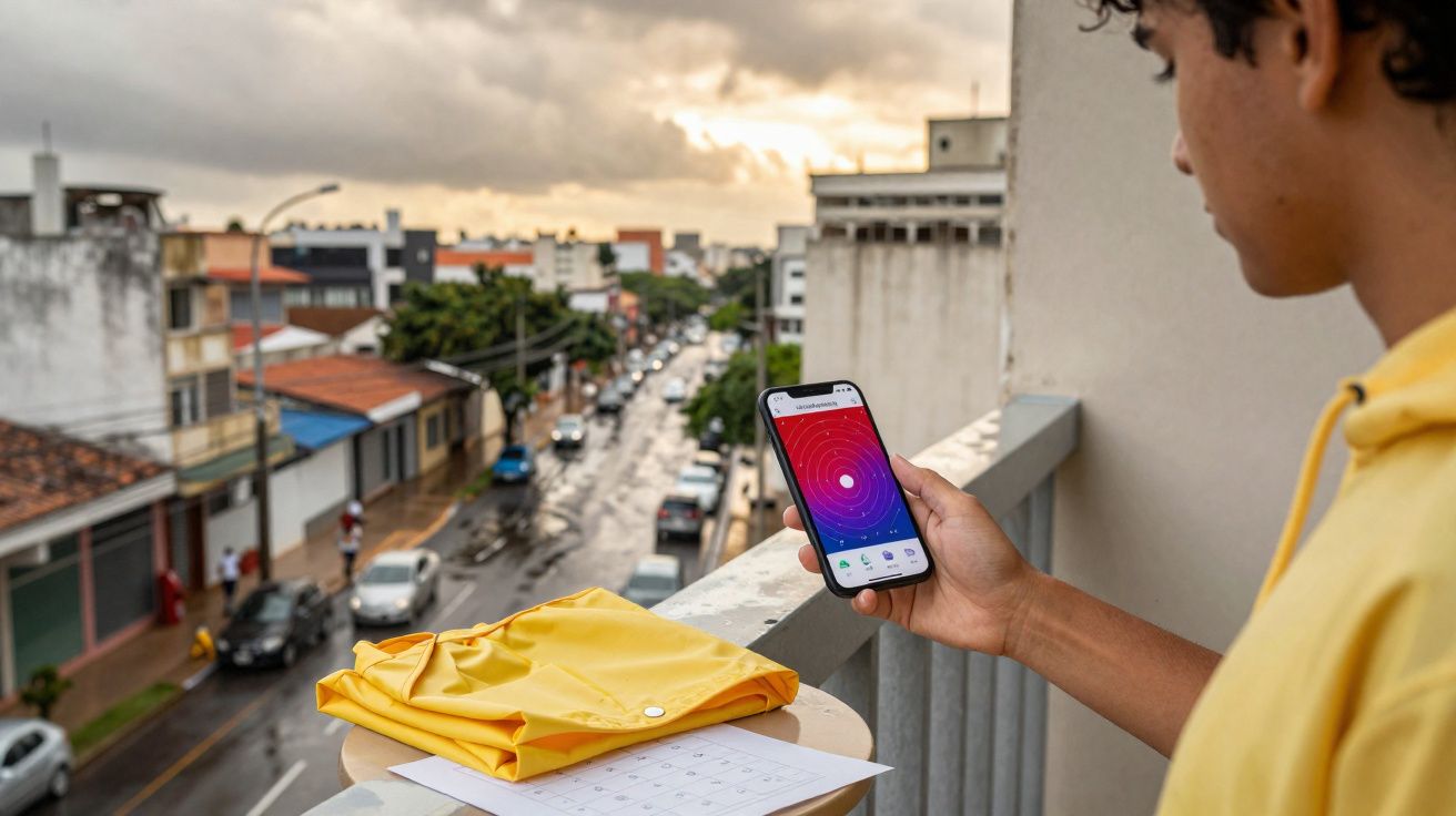 Pessoa usando smartphone na varanda de prédio com rua e carros ao fundo em dia nublado.