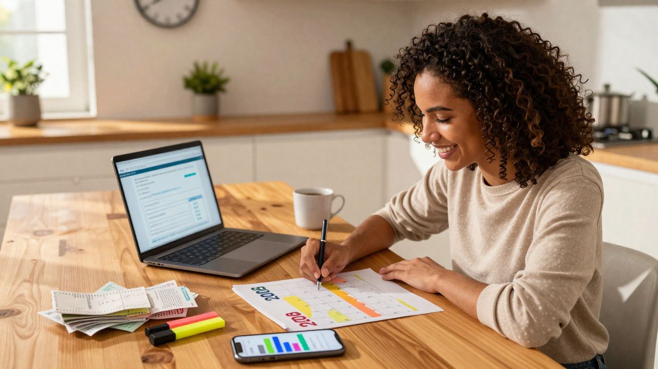 Mulher sorridente trabalha em casa usando calendário, laptop e celular sobre mesa de madeira clara.