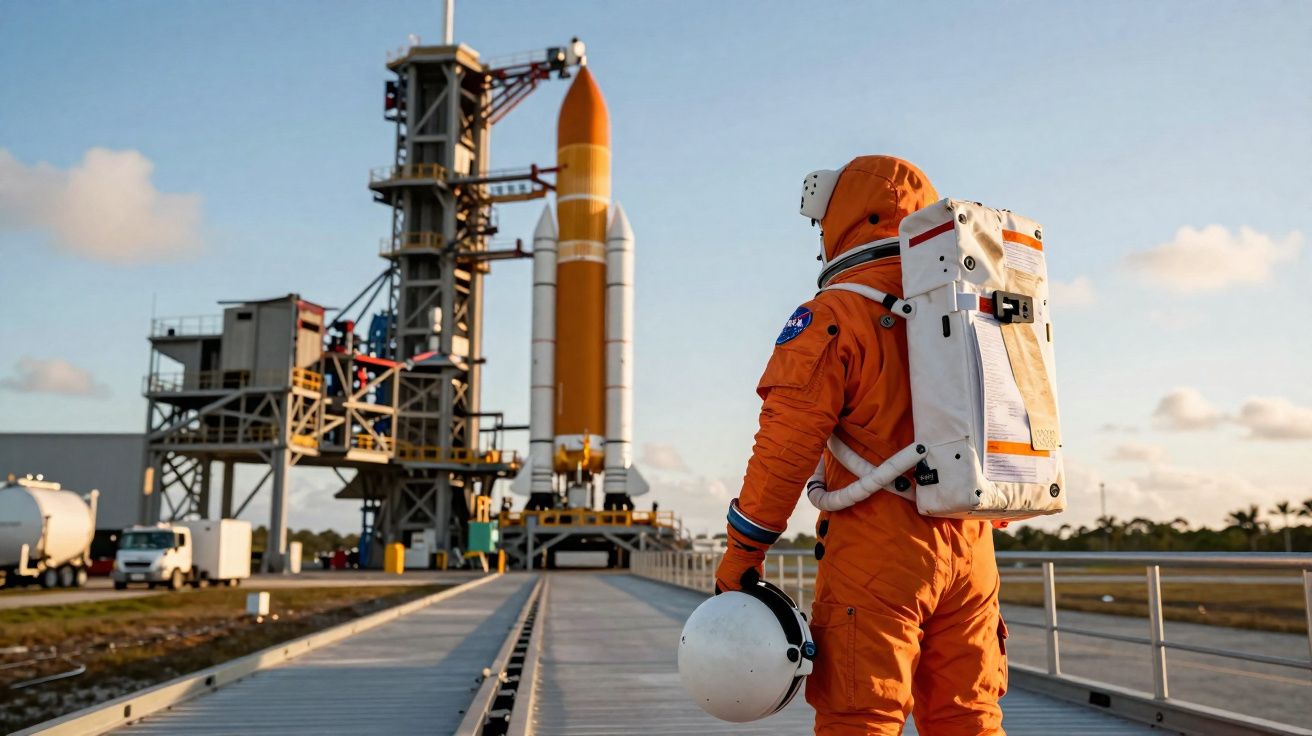 Astronauta de macacão laranja com capacete na mão observa foguete pronto para lançamento ao amanhecer.