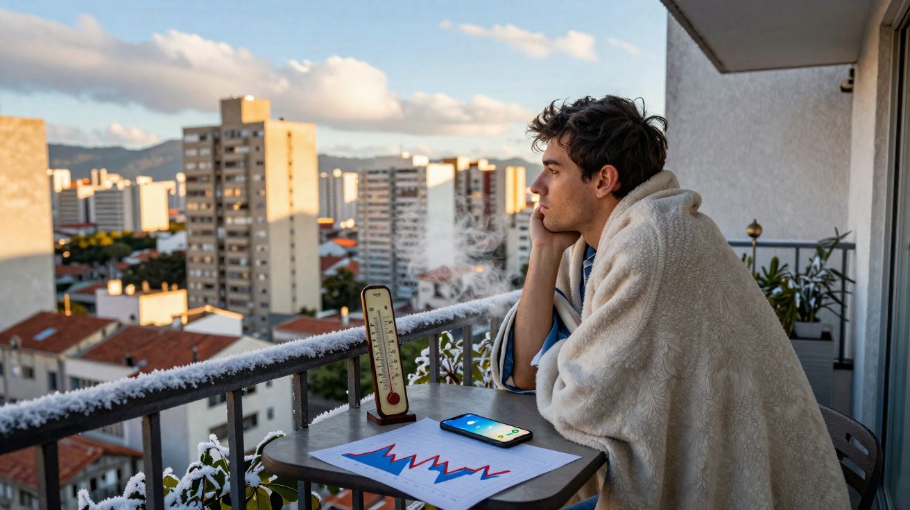 Homem envolto em cobertor observa a cidade fria e nevada da varanda, com termômetro e celular na mesa.