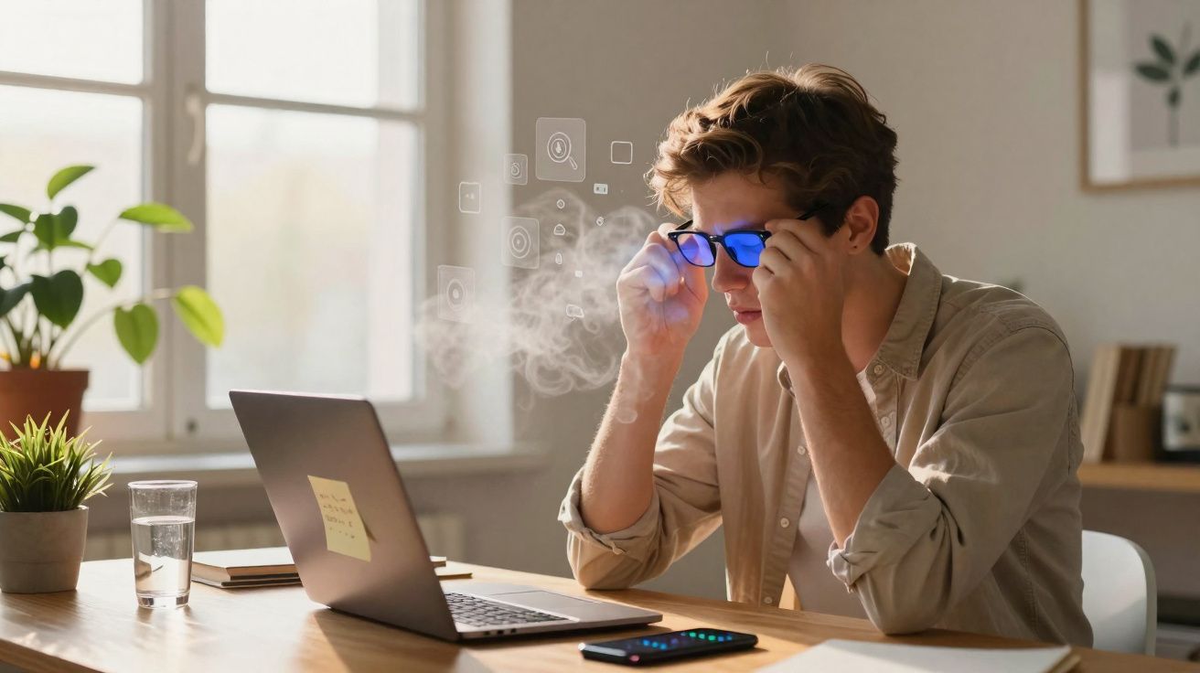Homem com óculos ajustando lente azul enquanto trabalha no laptop em mesa com plantas e celular.